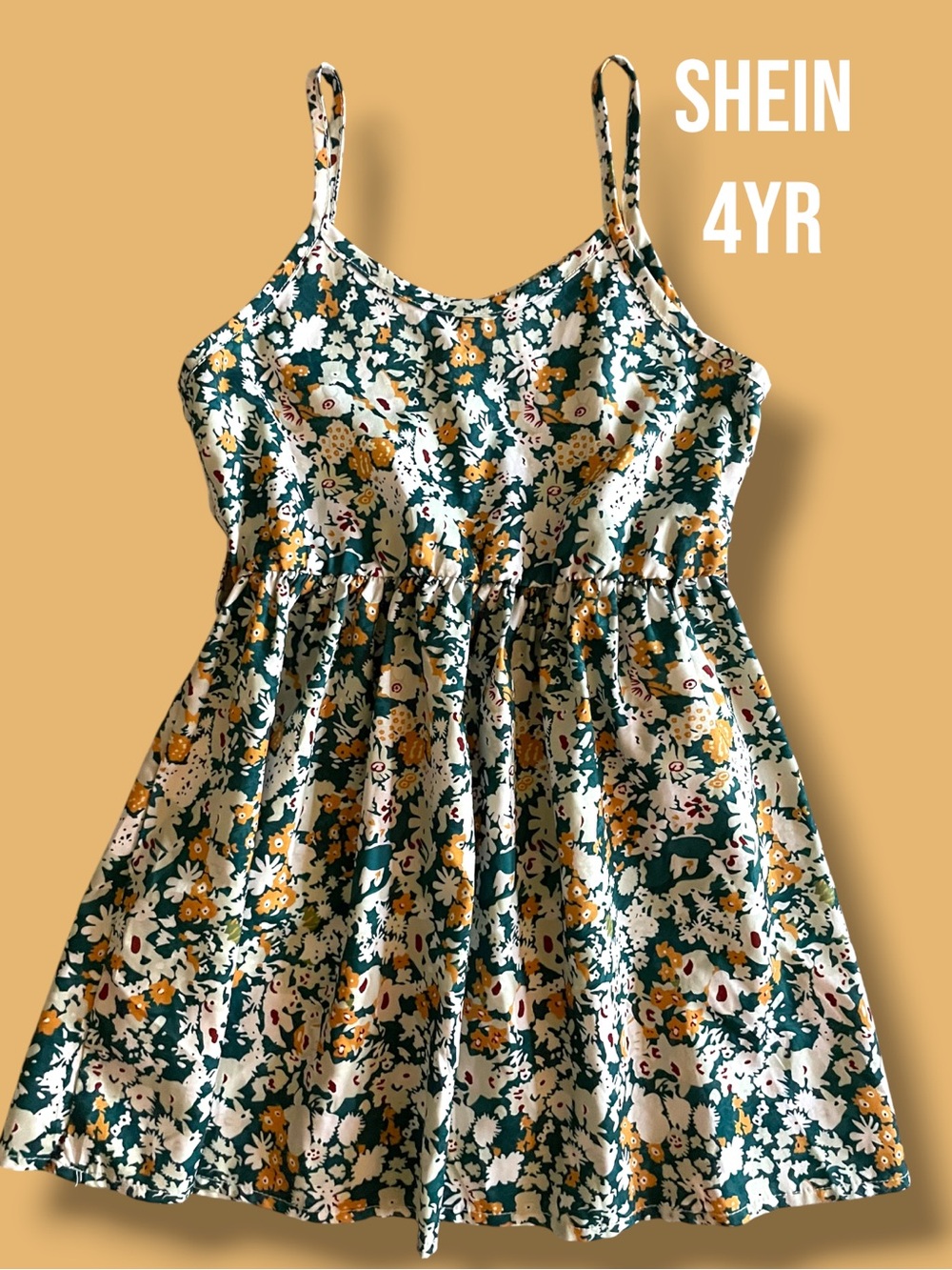 SHEIN Floral Sundress Girls Size 4Y Green Mustard Cottagecore Dress